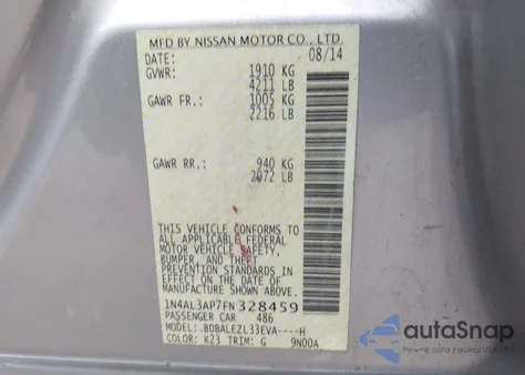 2015 Nissan Altima 2.5 S from USA, damaged, VIN 1N4AL3AP7FN328459